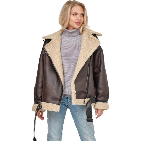 Women brown LY VAREY LIN Faux Leather Sherpa Aviator Bomber Jacket - Picture 3 of 6